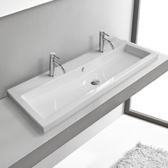 Bathroom Sink Double Drop In Sink, Trough, White Ceramic Tecla CAN05011B/D